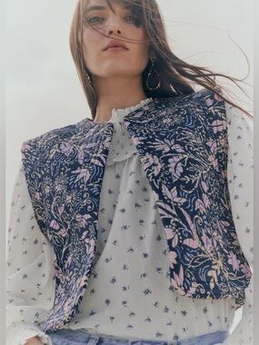 Mango Floral Quilted Cotton Gilet Vest Navy/Lilac Size Small NWOT Cottagecore